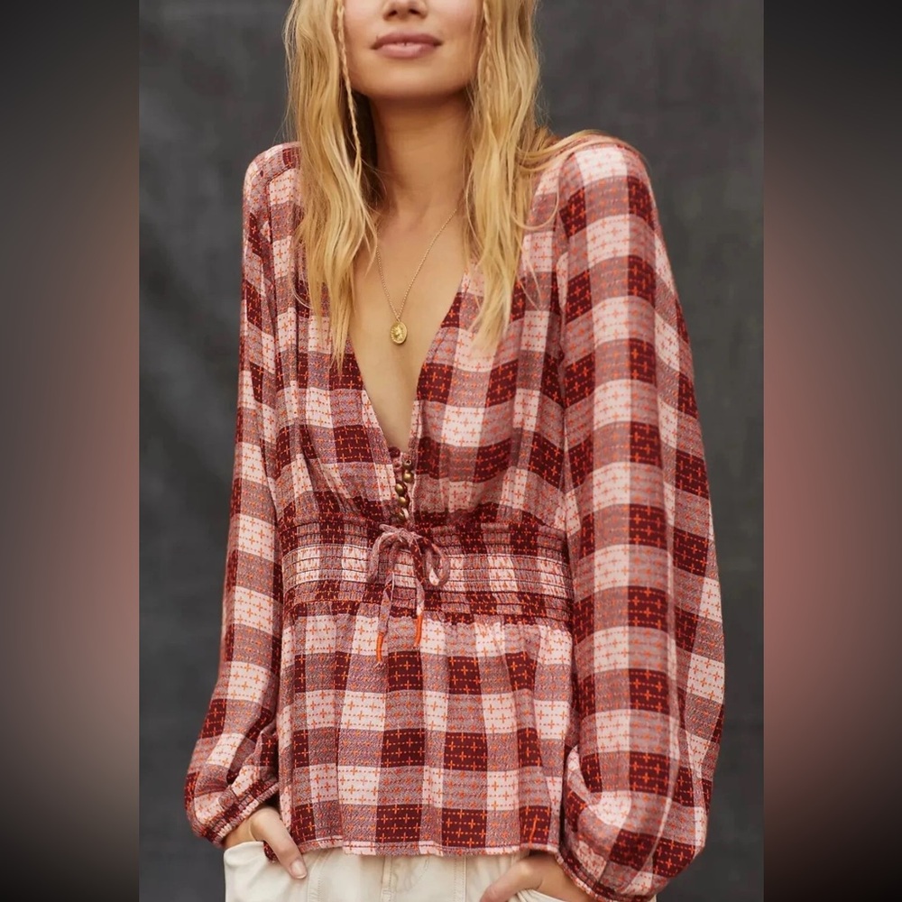 Pilcro Anthropologie Red Orange Textured Plaid Deep-V Boho Peasant Blouse Size M